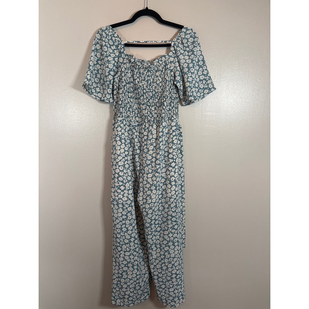Baltic Born Floral‎ Smocked Wide Leg Jumpsuit Blue White Short Sleeve Small